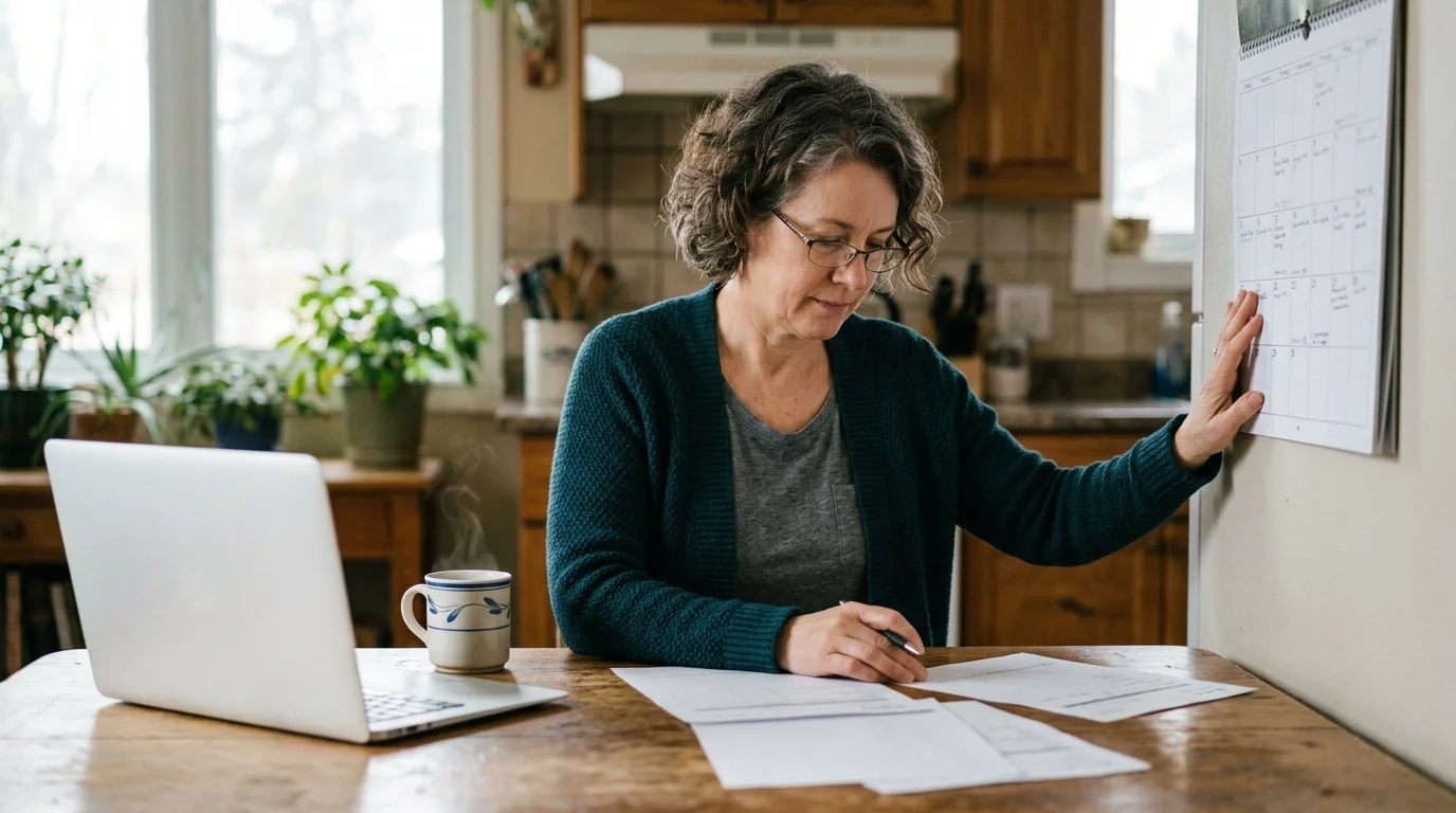 A person reviewing paperwork and a calendar at a kitchen table