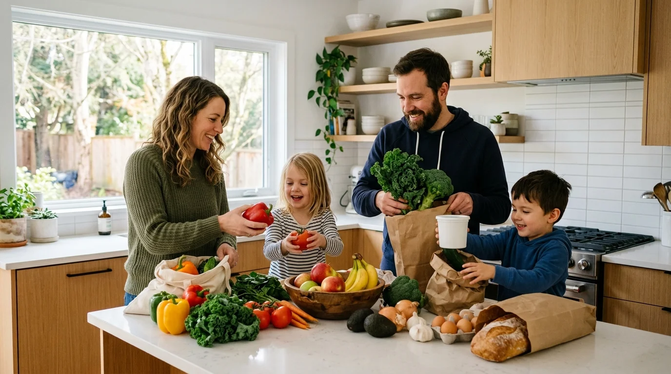 A Canadian family unpacking fresh groceries together in a bright kitchen